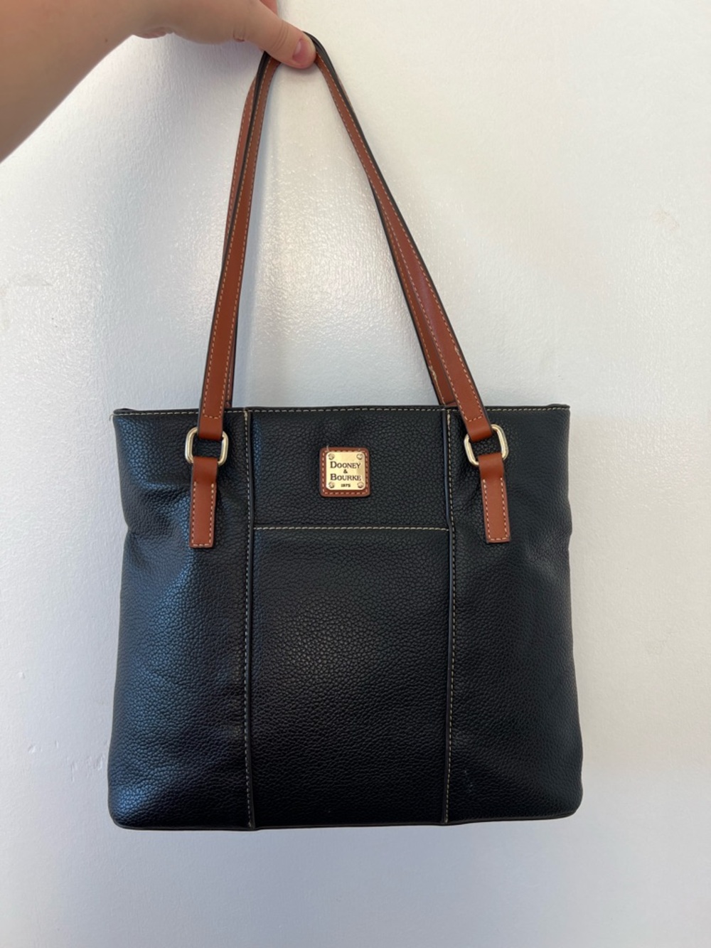 Dooney & Bourke Black Pebbled Leather Lexington Tote with Brown Straps